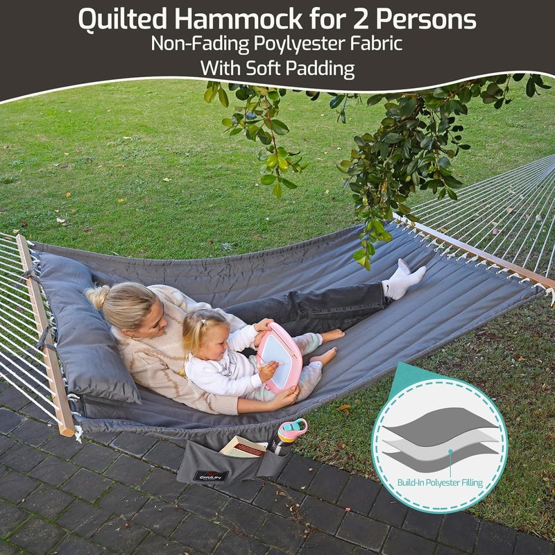 CHULIM Double Quilted Fabric Hammock with Hardwood Spreader Bars and Pillow 450 LBS Capacity 2 Person Large Hammock for Outdoor Patio Backyard Poolside - Dark Grey - Image 2